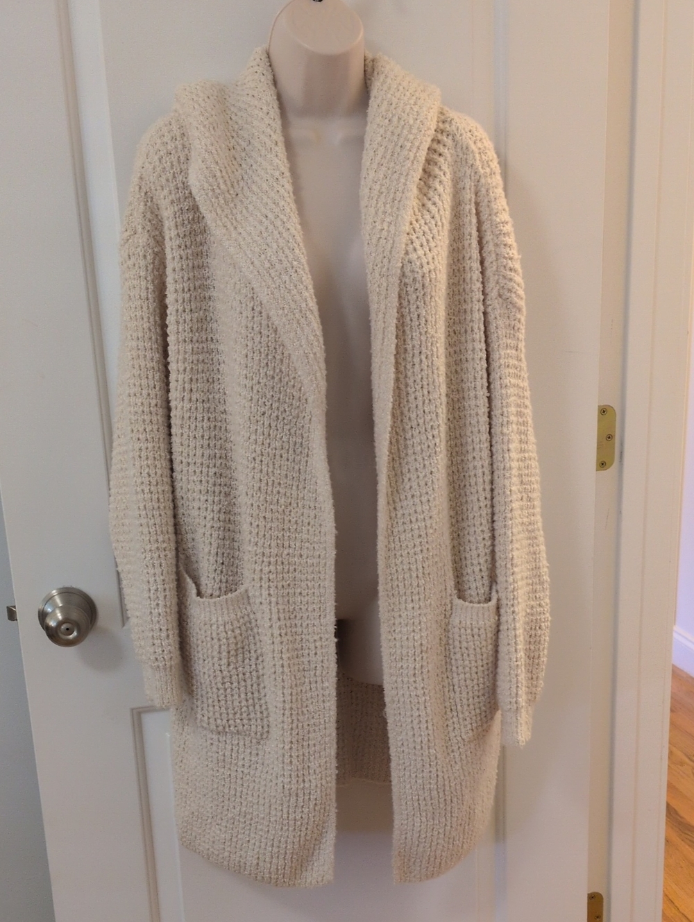 Allie Rose Waffle Boucle Open Cardigan With Hoodie